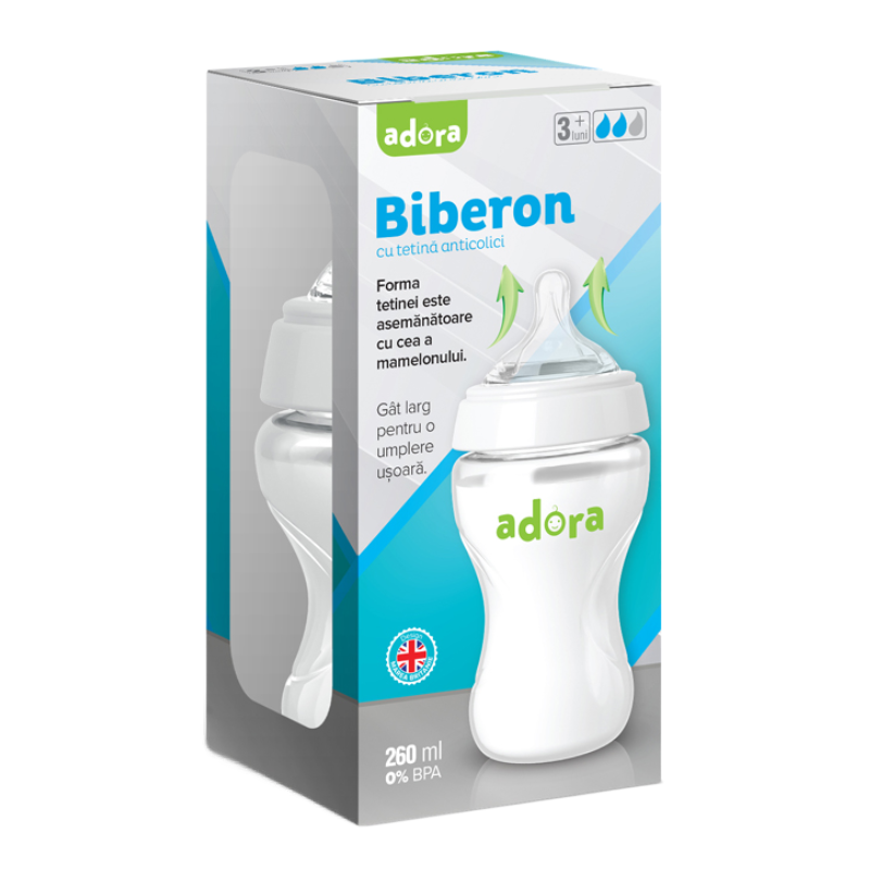 Biberon cu gat larg si tetina anticolici