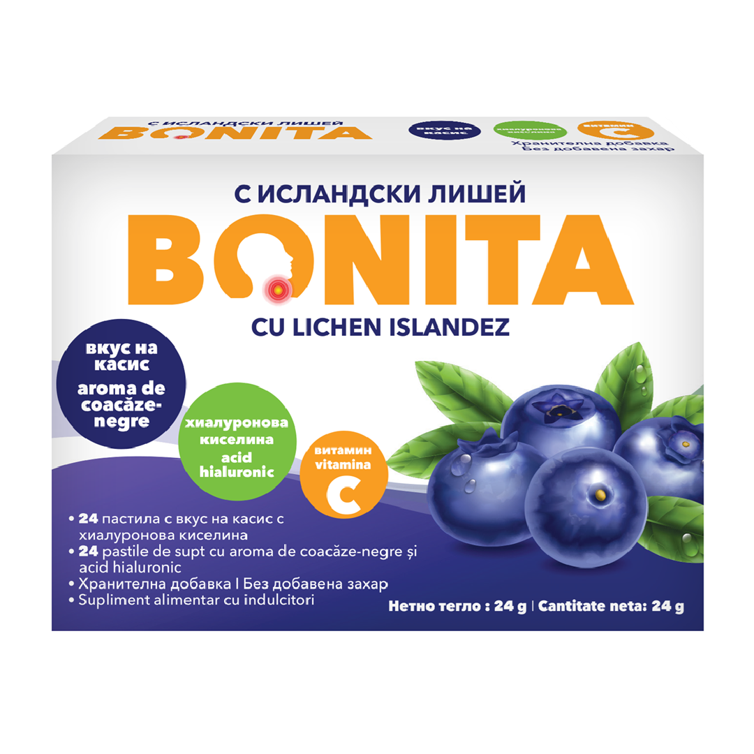 Pastile de supt cu aroma de coacaze negre, 24 bucati, Bonita, BONITA – ofertă, preț și specificații